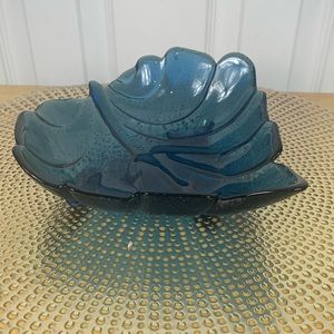 Blue leaf shaped art glass dish with legs. 8.5”x8.5”.